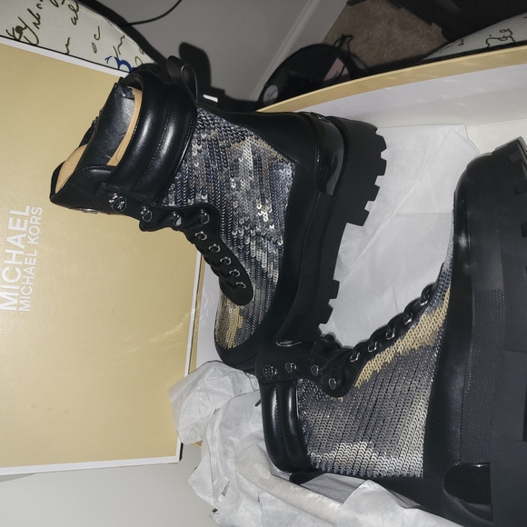 Michael Kors Black and Silver Combat Boots - Picture 1 of 2